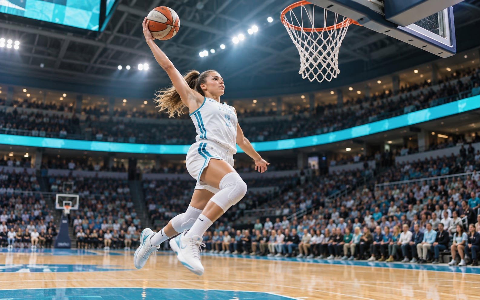 Basketballspielerin beim Sprung zum Dunk