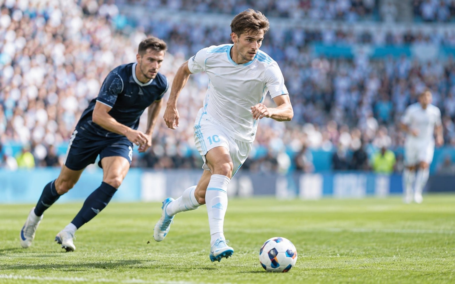 Fußballspieler im schnellen Vorwärtslauf mit Ball