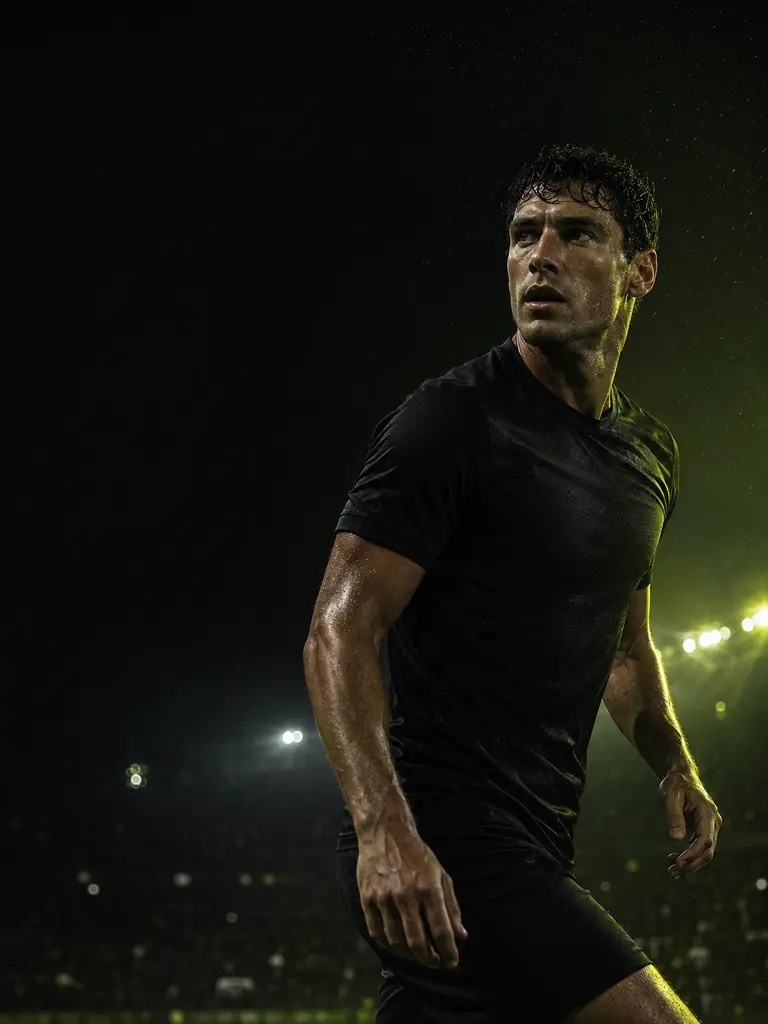 Soustředěný fotbalista sleduje hřiště