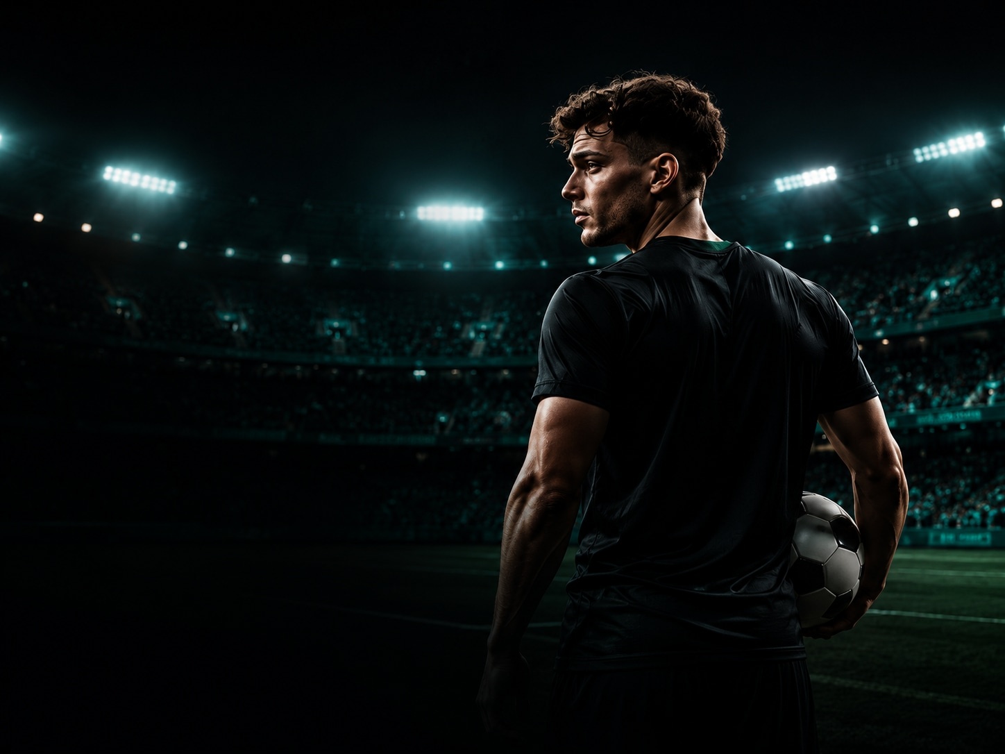 Soustředěný fotbalista na tmavém stadionu