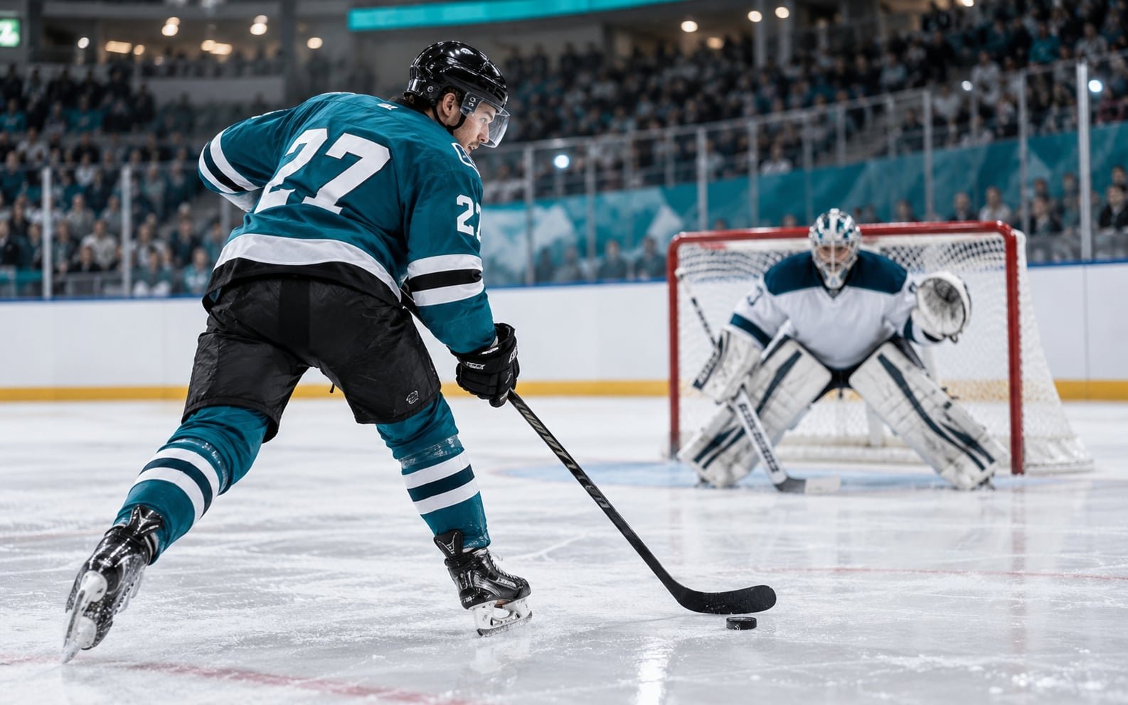 Eishockeyspieler unmittelbar vor dem Torschuss
