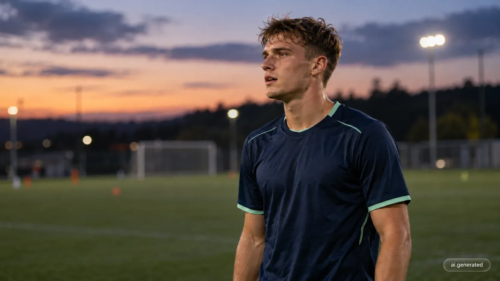 AI-generated illustration of a footballer on a training pitch at dusk.