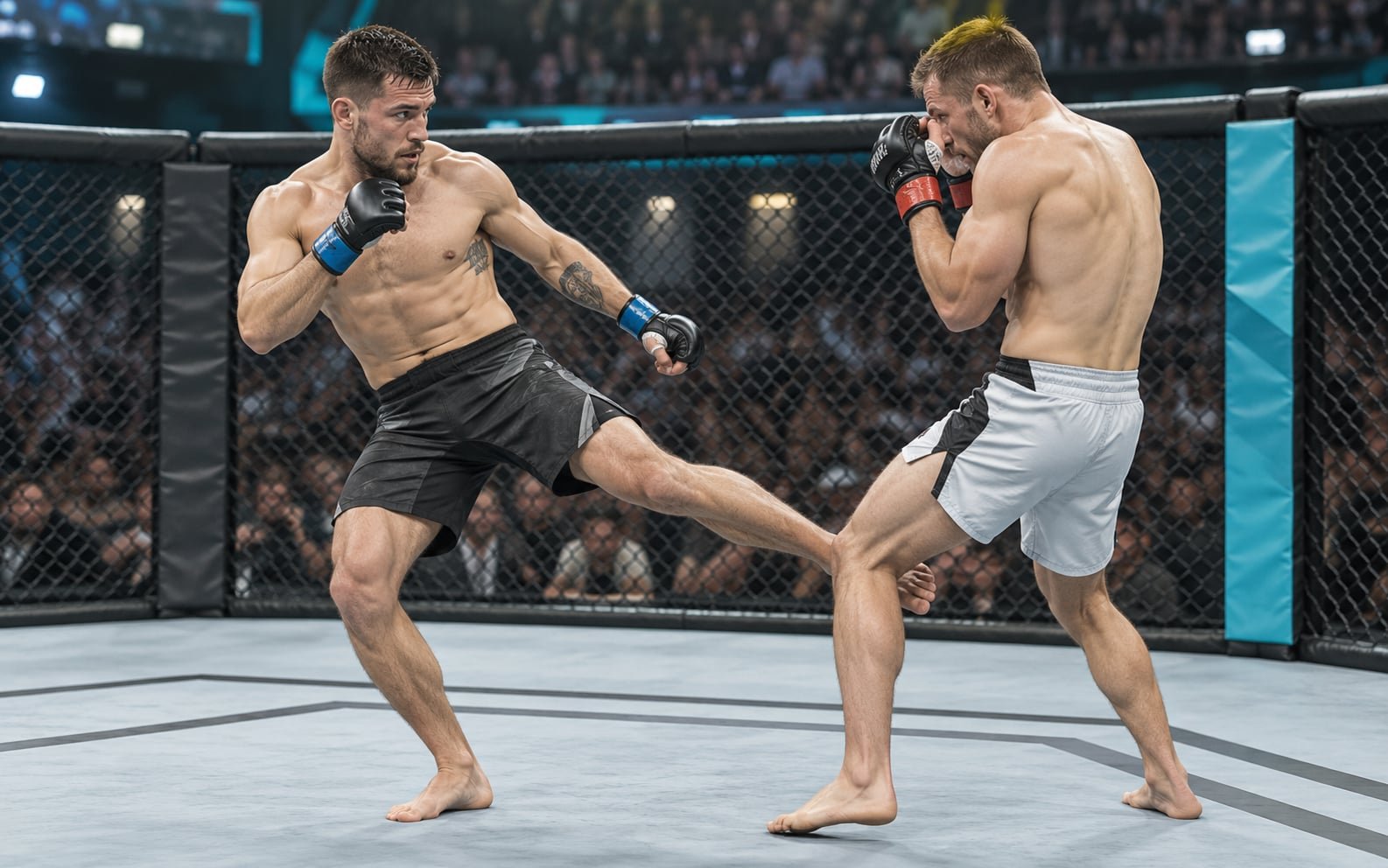 MMA-Kämpfer bei einem Lowkick gegen seinen Gegner