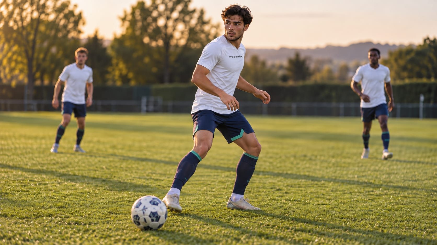 Footballer checking over his shoulder before receiving the ball.