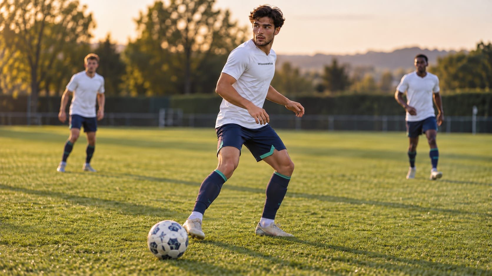Footballer checking over his shoulder before receiving the ball.