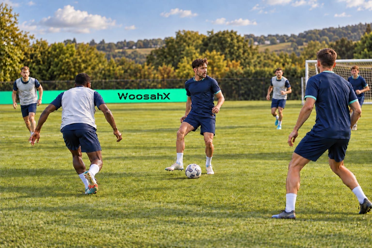 Player receiving the ball in a small-sided training game as an opponent approaches.