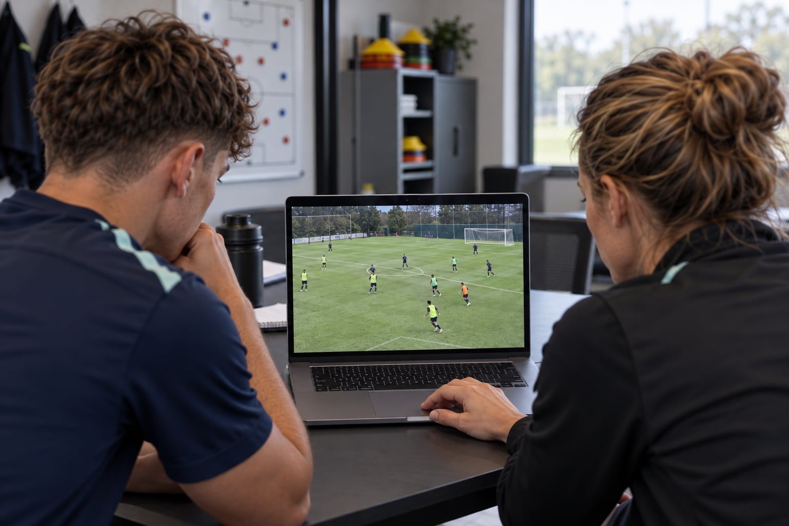Coach and footballer reviewing a match scene together on a laptop.