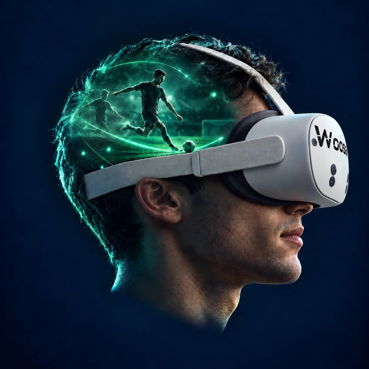 Illustration einer Person mit VR-Brille und einer visualisierten Fußballszene über ihrem Kopf