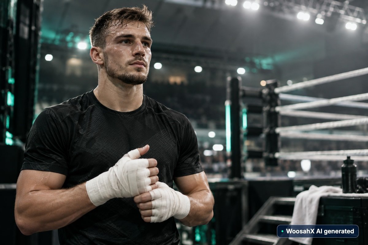 Bojový sportovec s ovázanýma rukama a soustředěným pohledem vedle boxerského ringu