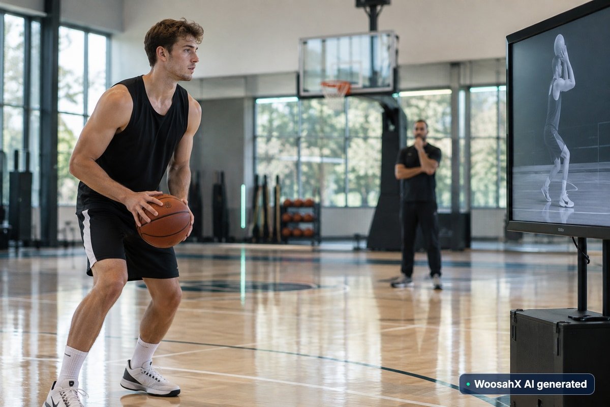 Basketbalista drží míč a sleduje ukázku pohybu na obrazovce