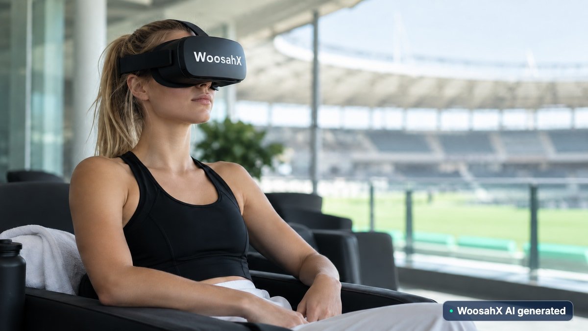 Sportovkyně s VR brýlemi sedí v křesle v salonku stadionu