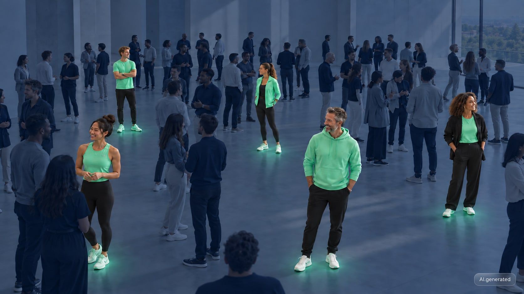 Illustration of people gathered in a large hall, with five figures highlighted in green